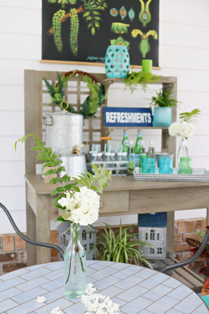 potting table beverage area- Back Porch Entertaining Ideas - affordable farmhouse inspired