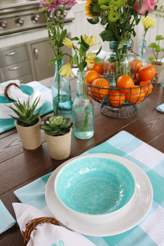 Back Porch Entertaining Ideas - affordable farmhouse inspired - white and teal melamine dishes