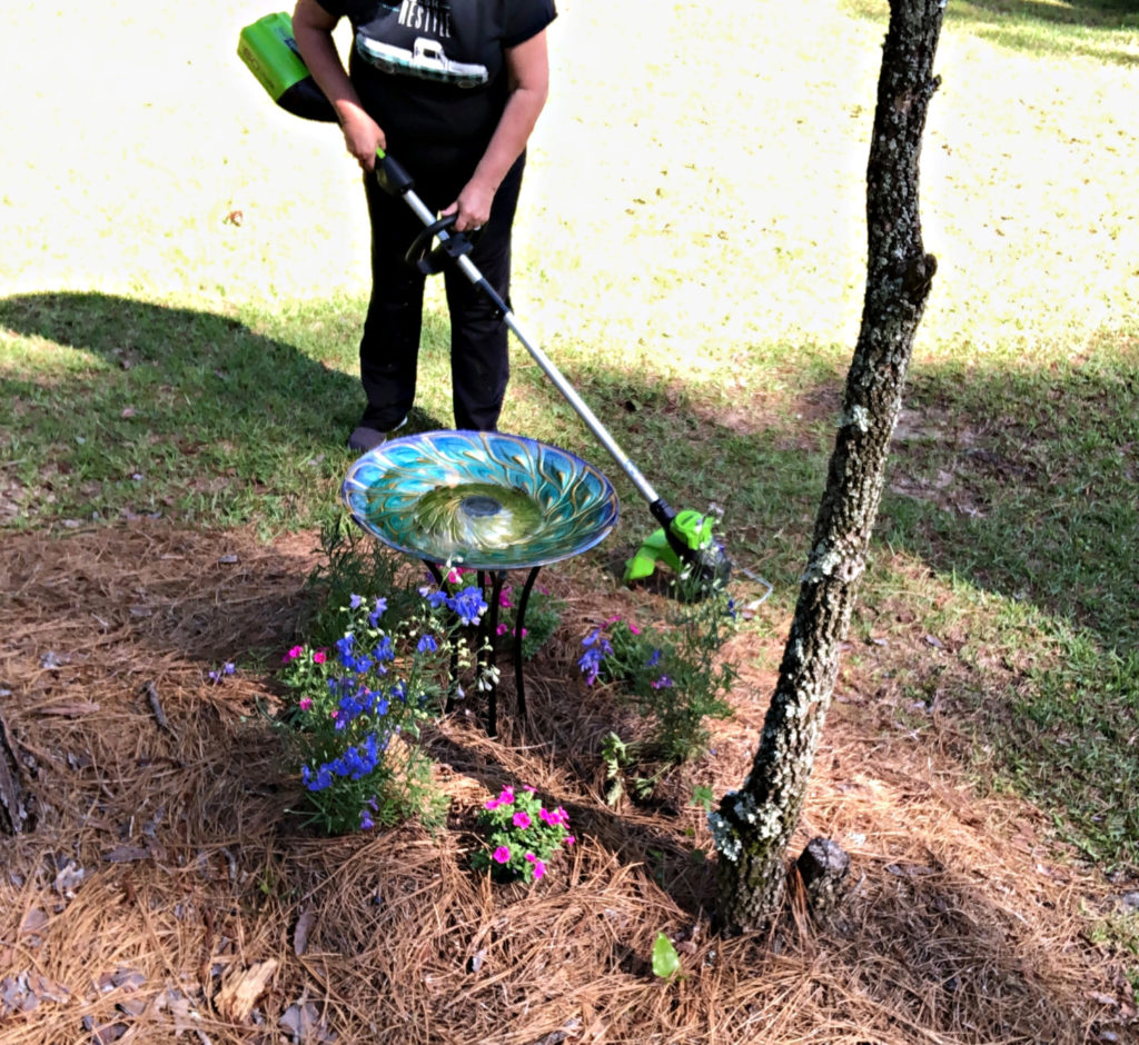 weeding with Greenworks trimmer