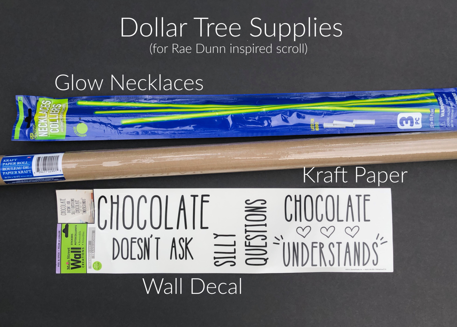 dollar tree supplies fir Rae Dunn inspired scroll wall decor