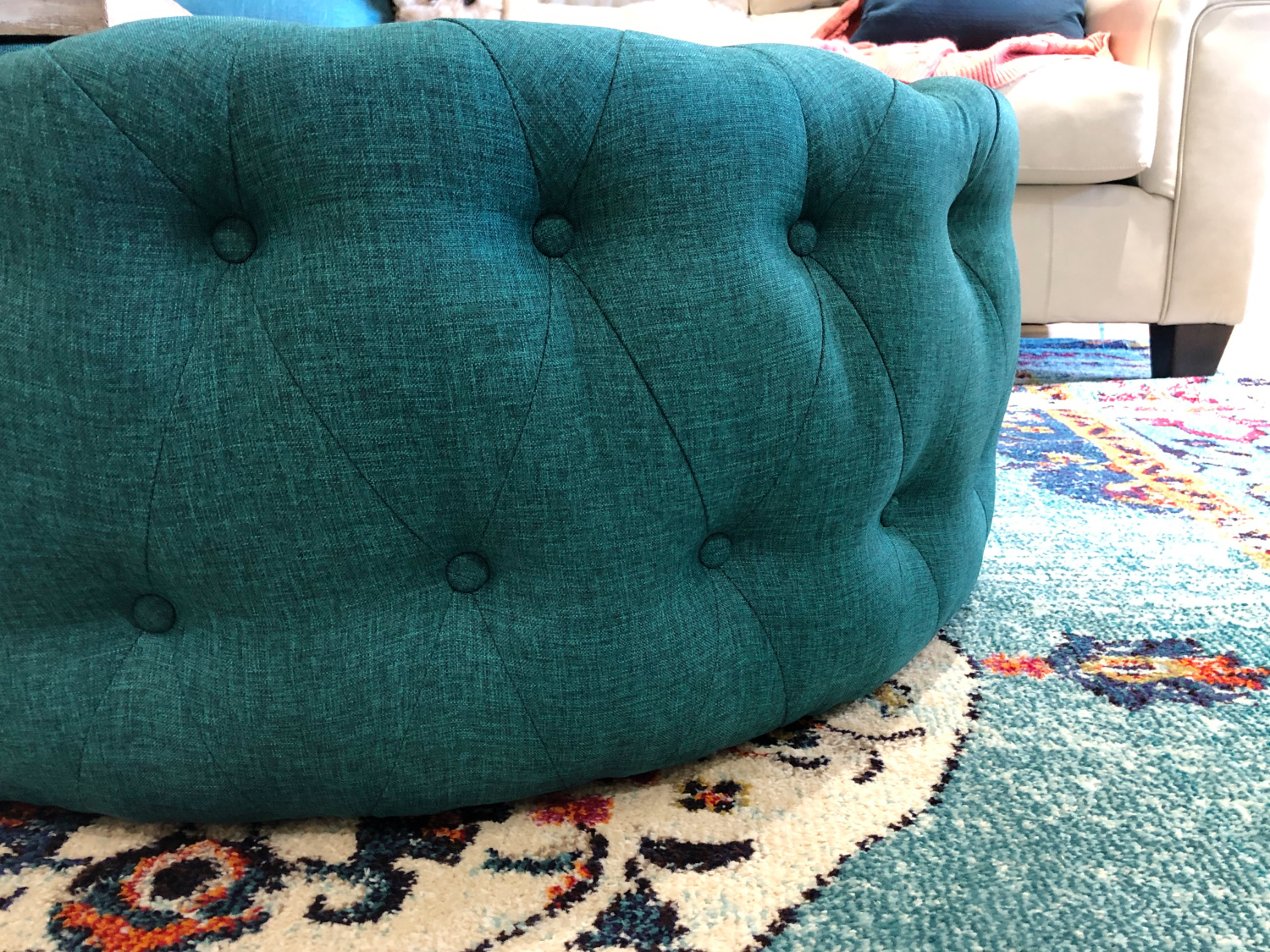 Round Teal Ottoman - TEAL LIVING ROOM DECOR - LAKE CONDO or Beach