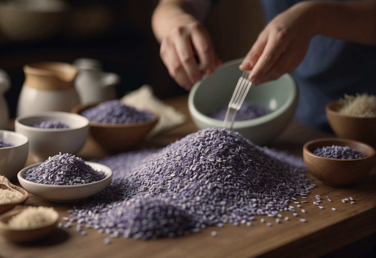 Mixing dried lavender with rice in a bowl. Pouring the mixture into fabric pouches and sewing them shut. Placing the heat packs in a row on a table