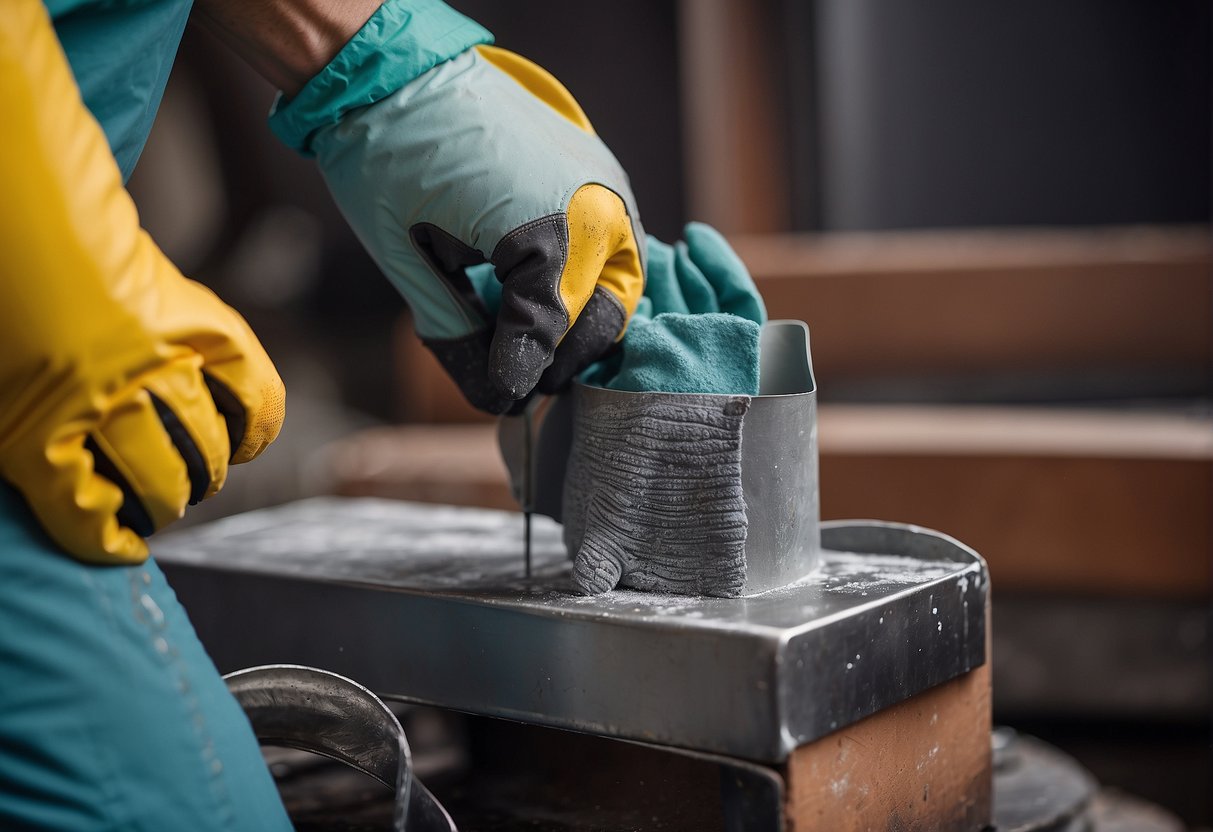 A person wearing safety goggles and gloves prepares to paint a metal fireplace, sanding the surface and applying primer