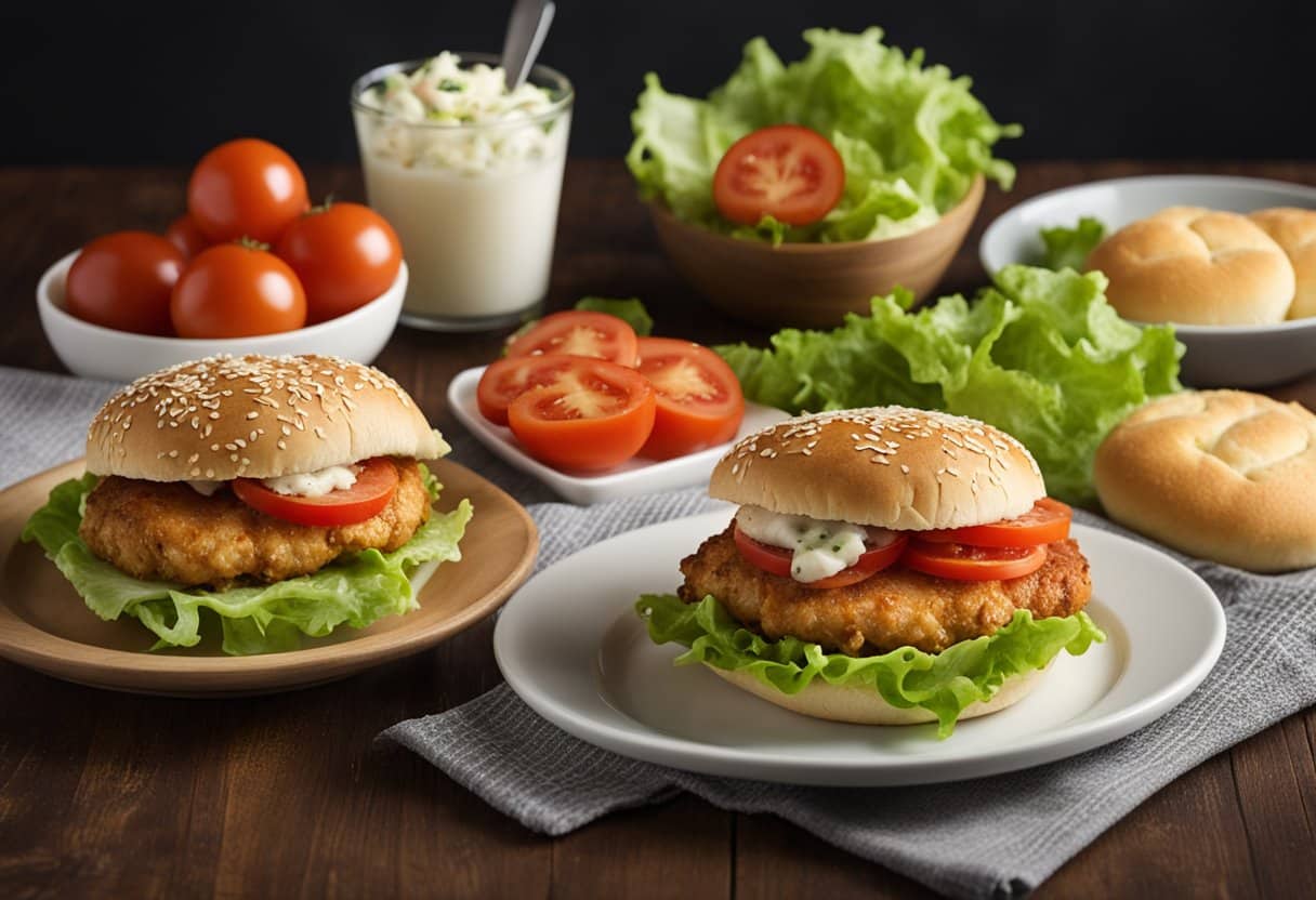 A table set with fresh lettuce, tomato slices, and buns next to a plate of golden-brown chicken patties with a side of creamy coleslaw