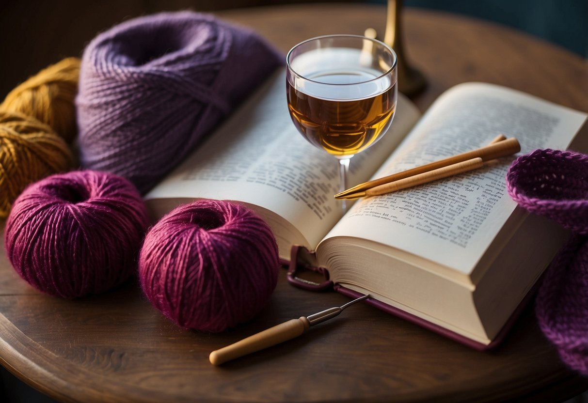 A wine glass cozy pattern book lies open on a table, surrounded by colorful yarn skeins and crochet hooks. A finished cozy adorns a wine glass nearby