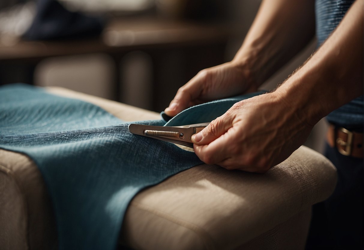 A pair of scissors cutting through a roll of fabric, while hands carefully attach the new material to a chair