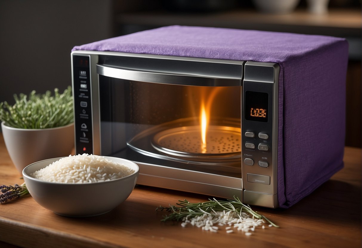 A microwave heats a fabric pouch filled with lavender and rice
