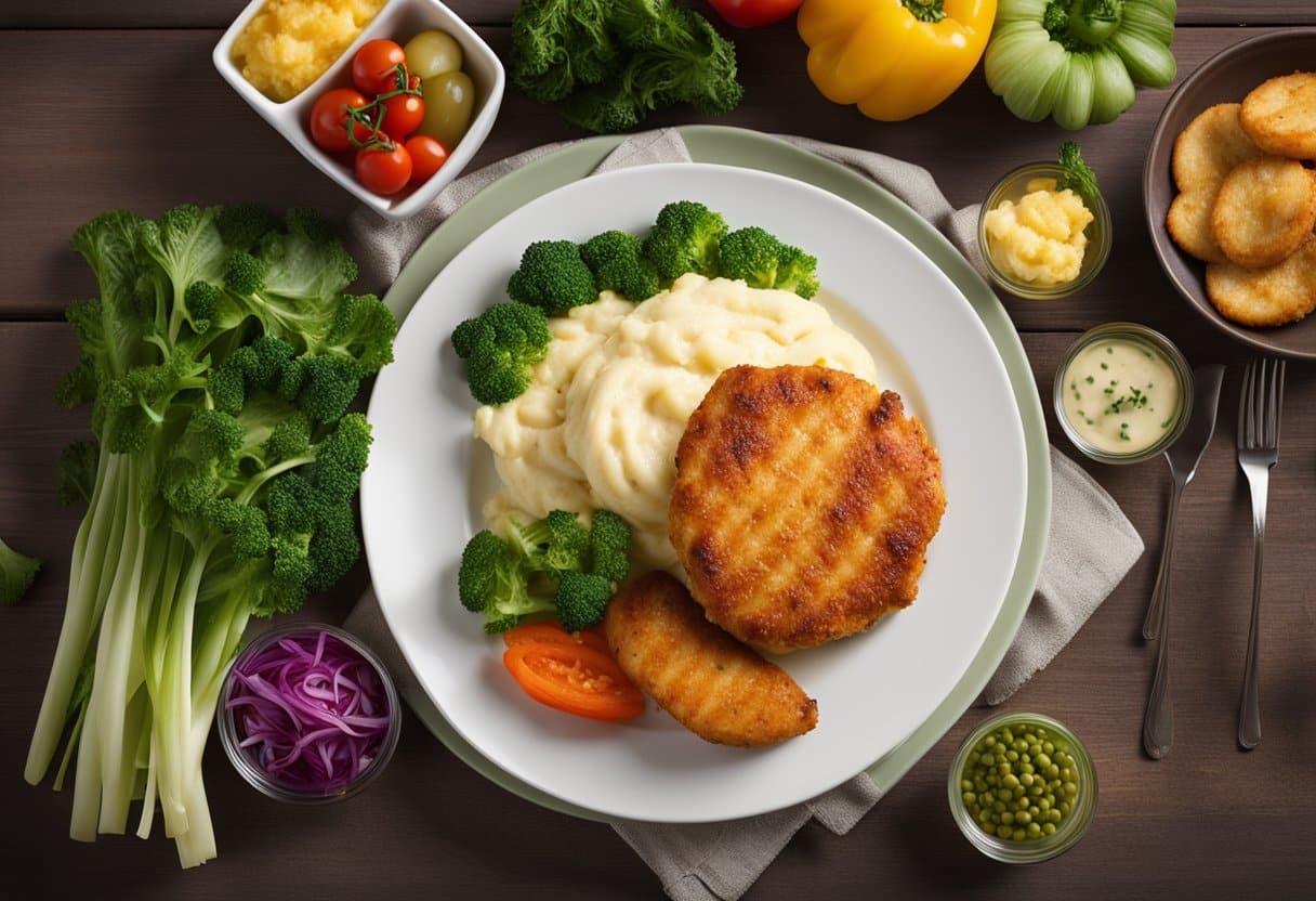 A plate of golden-brown chicken patties surrounded by colorful vegetables and a side of creamy mashed potatoes