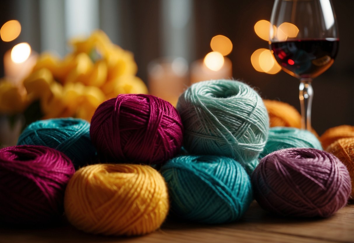 A hand reaches for colorful yarn skeins, a crochet hook, and a wine glass. A cozy pattern lays open on the table