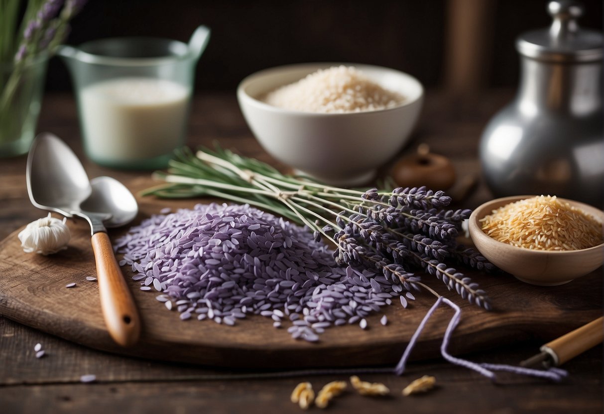 A table with ingredients (lavender, rice), tools (fabric, sewing kit), and a step-by-step guide. Safety warnings and usage tips are listed nearby