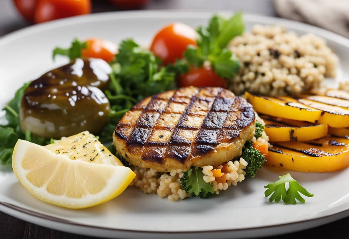 A plate of grilled vegetables and a side of quinoa accompany the chicken patties on a white serving platter