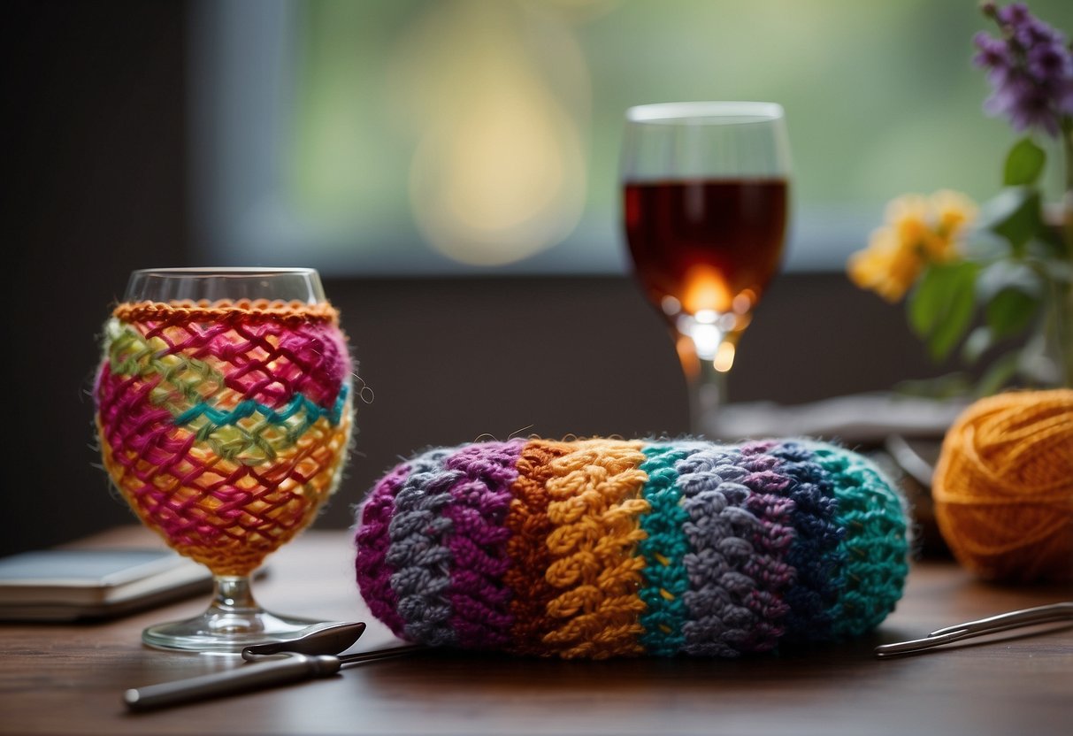 A wine glass cozy being crocheted with intricate patterns and colorful yarn, displayed alongside various crochet tools and materials