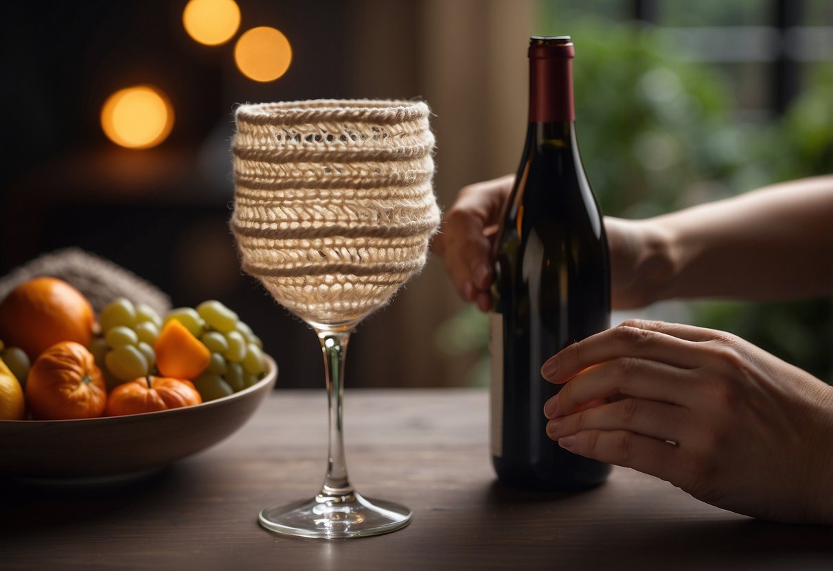 A wine glass cozy is being carefully crocheted with attention to detail and finishing touches. The cozy is being placed onto a wine glass, showcasing the final product