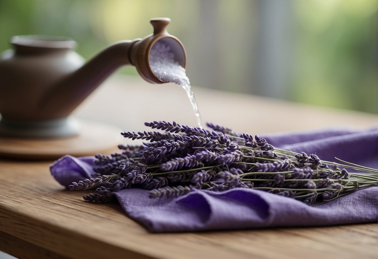 A table with fabric, rice, and lavender. A person pouring rice and lavender into fabric, sewing it, and heating it