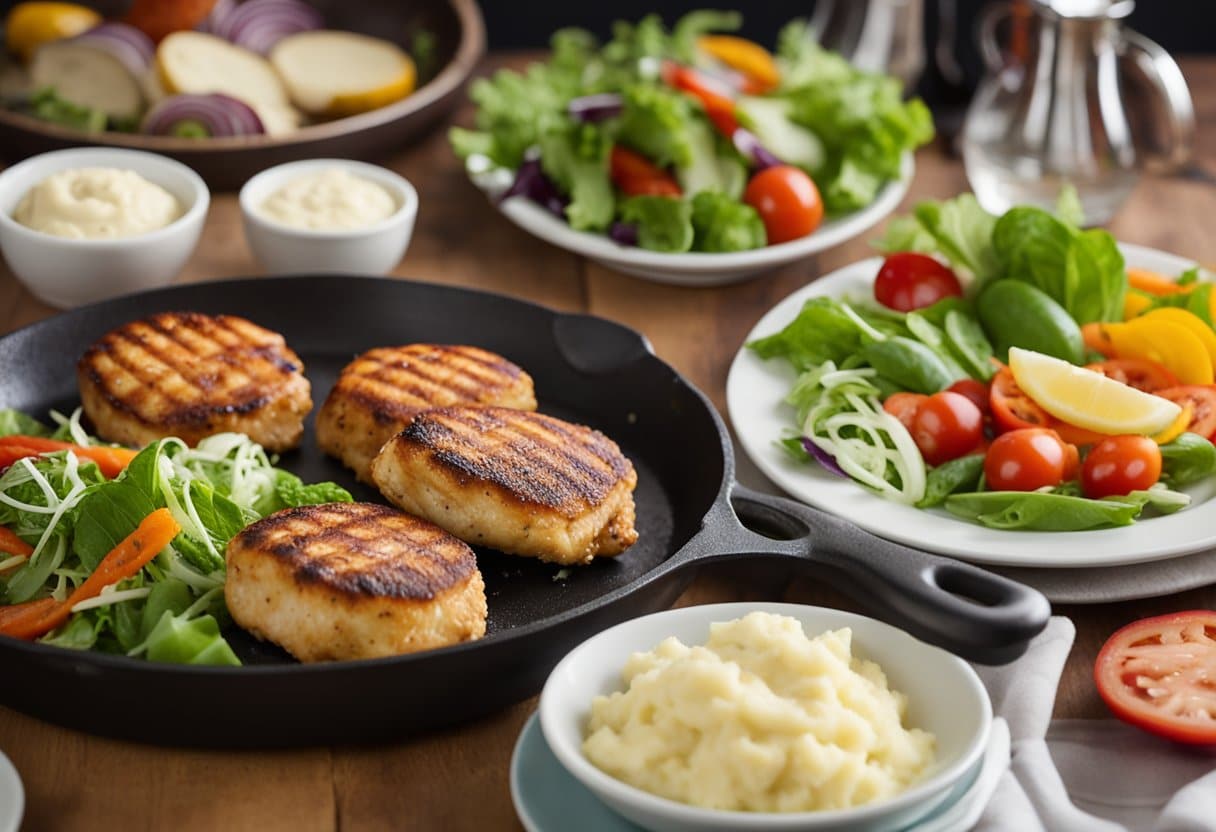 Chicken patties sizzling on a hot skillet, surrounded by colorful vegetables being chopped. A side of creamy mashed potatoes and a fresh garden salad ready to be served