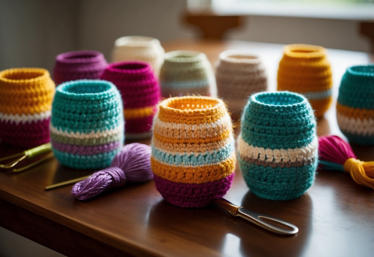 Colorful crochet wine glass cozies arranged on a table with yarn and crochet hooks nearby