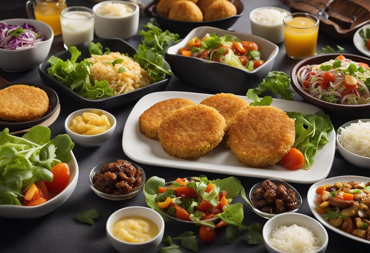 A table with various side dishes next to chicken patties. Dishes include rice, salad, and vegetables, reflecting cultural variations in serving options