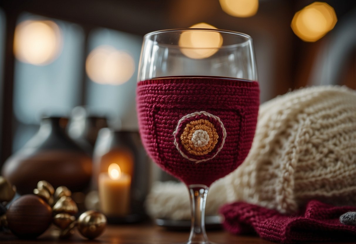 A cozy wine glass crochet pattern with safety symbols and legal disclaimers displayed prominently