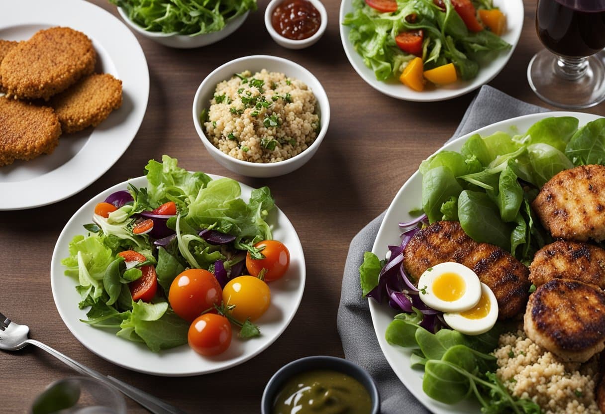 A table set with a variety of colorful and fresh side dishes, such as mixed greens salad, roasted vegetables, and quinoa, next to a plate of delicious chicken patties