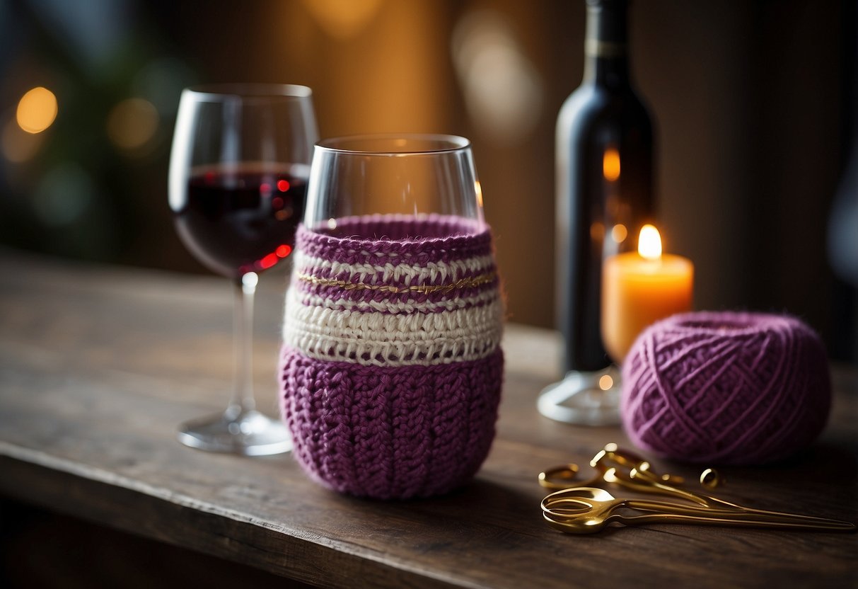 A wine glass cozy pattern with yarn, crochet hooks, and a finished cozy on a wine glass