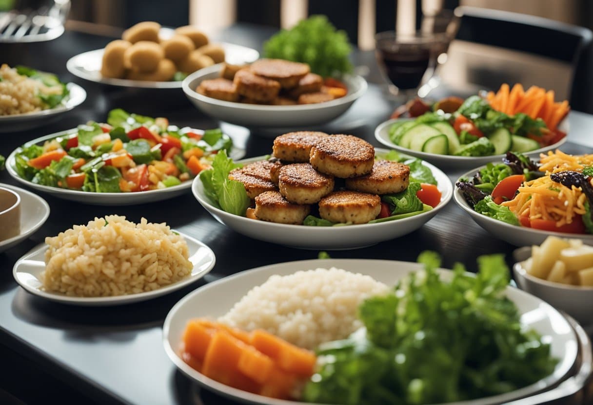 A table set with a variety of side dishes like salad, rice, and vegetables next to a plate of chicken patties