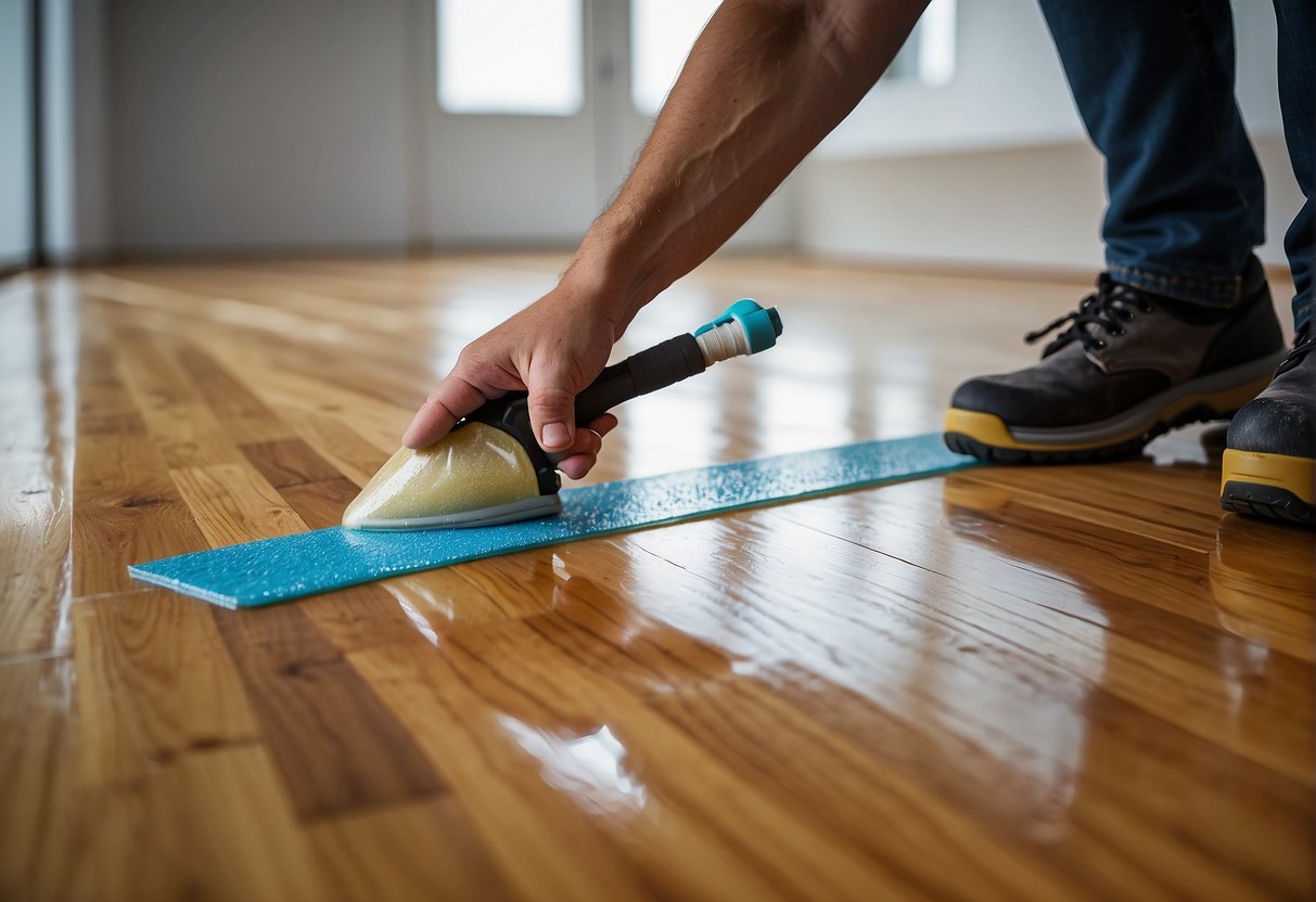A person applies a protective coating to a shiny hardwood floor, ensuring a smooth and scratch-resistant finish