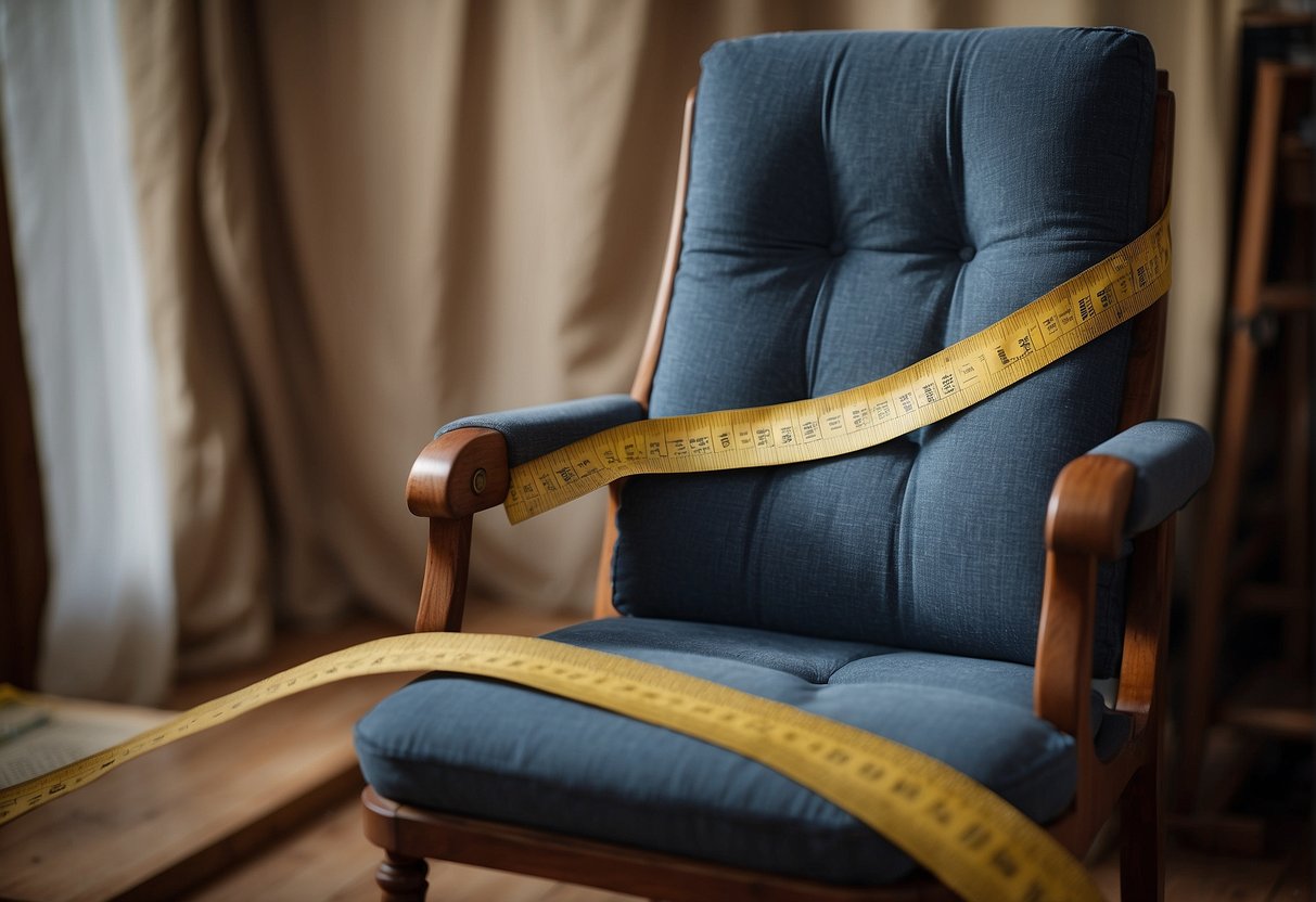 A chair with worn fabric being measured for reupholstering. Fabric draped over and around the chair, with a tape measure or ruler being used to determine the amount needed