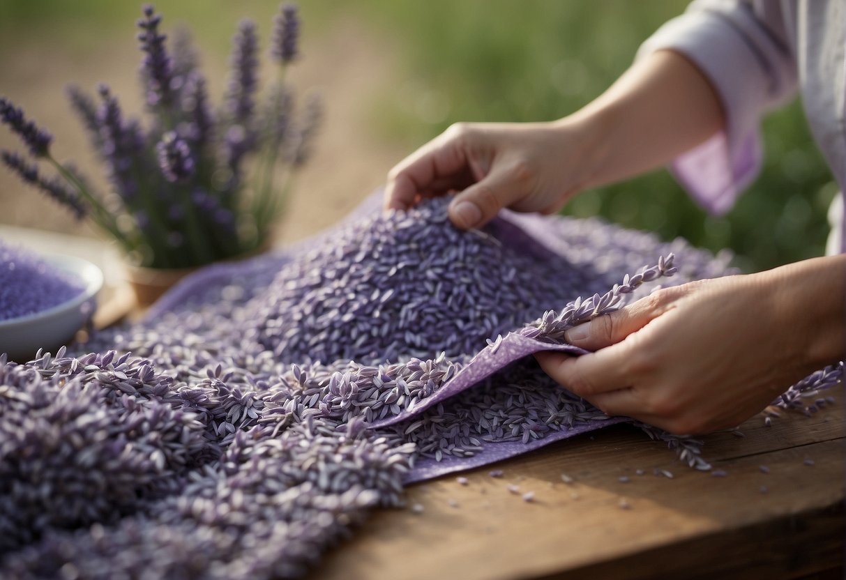 A table with lavender, fabric, and rice. A person cutting and sewing fabric, filling it with rice and lavender, then sealing it