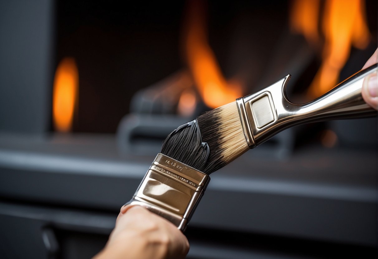 A hand holding a paintbrush applies black paint to a metal fireplace, covering the surface evenly with smooth strokes