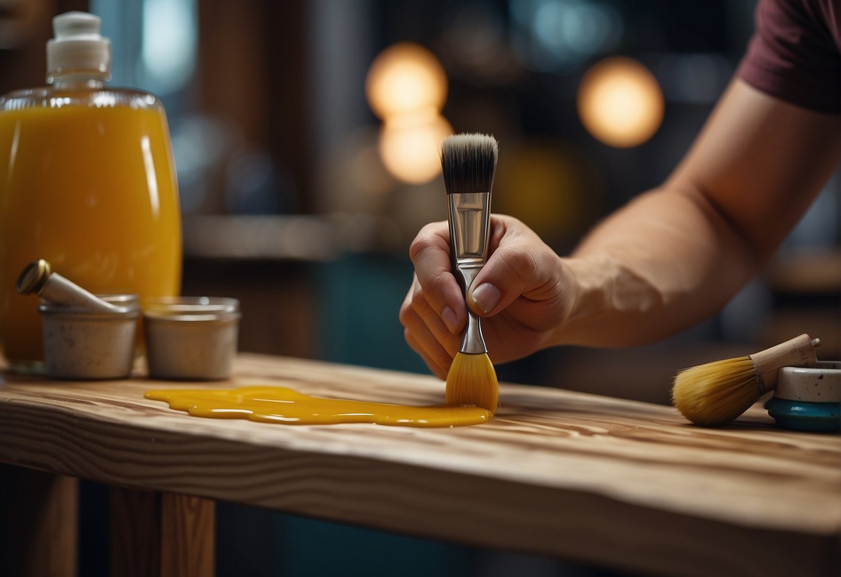 A person is painting wax onto a wooden piece of furniture, carefully applying the glossy finish with a brush