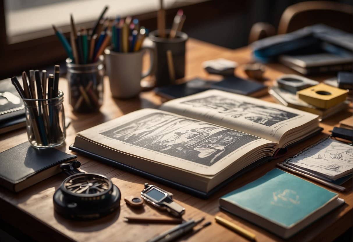 A sketchbook lies open on a wooden desk, surrounded by various art supplies. The pages are filled with quick sketches and doodles, showing the artist's practice and experimentation