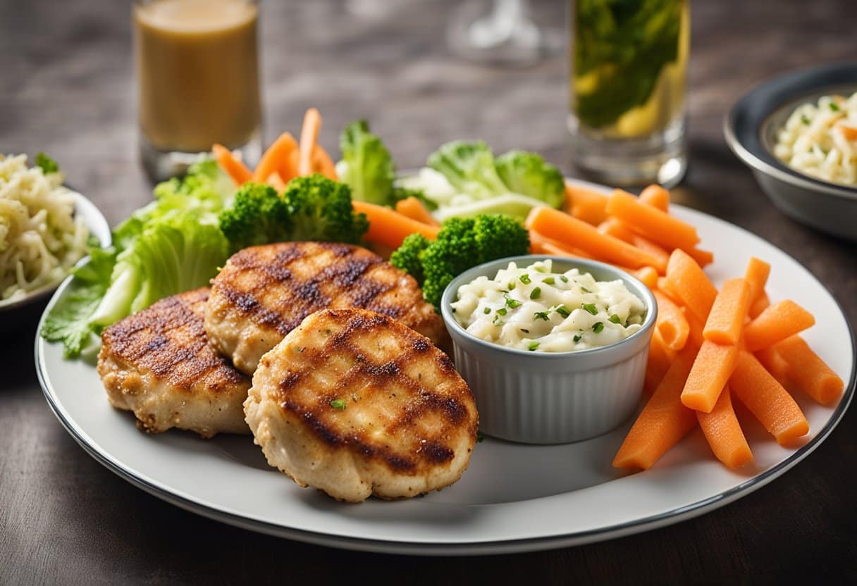 A plate of chicken patties with a side of steamed vegetables and a dollop of tangy coleslaw